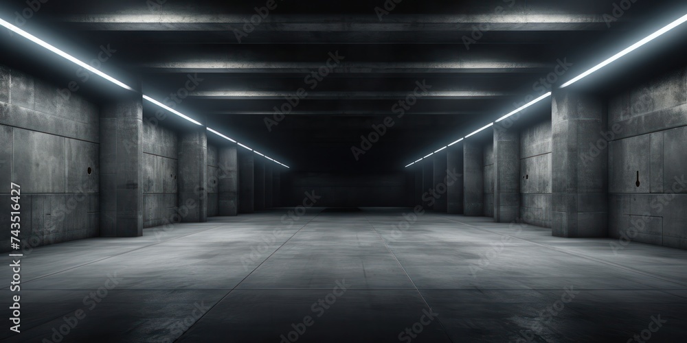 Black dark room corridor hall white neon light concrete - obrazy, fototapety, plakaty 