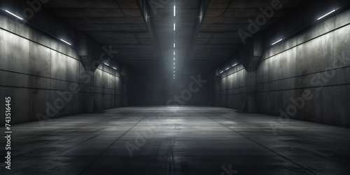 Black dark room corridor hall white neon light concrete © Eyepain