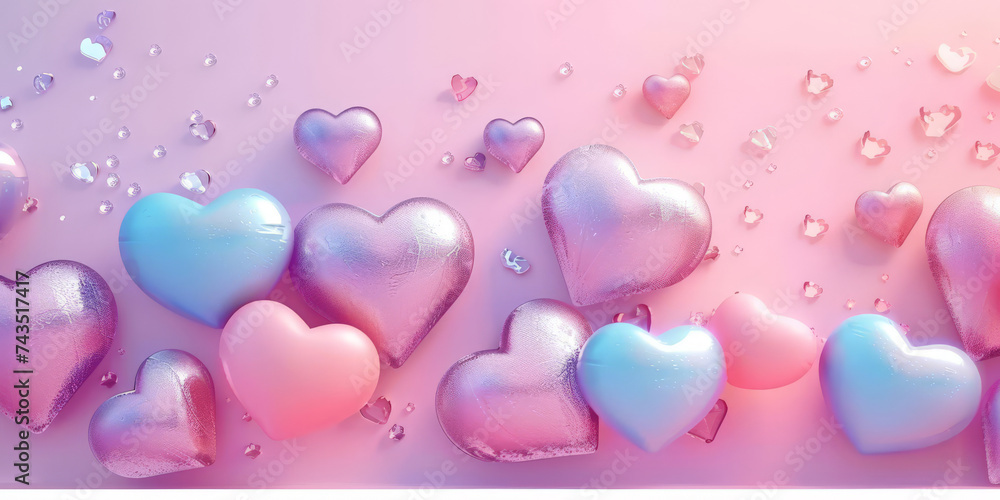 colored hearts on pink background, holographic colors. hearts, Valentine's day background, empty space