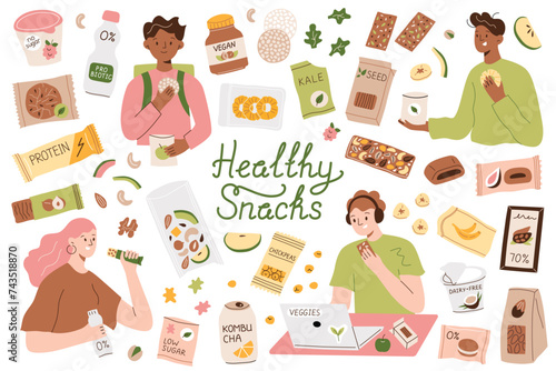 Healthy snacks, people eating granola bars and dried fruit, vegans with organic food, protein desserts, sugar free snack, natural health diet, vector illustrations of cartoon characters