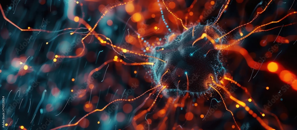 Network line connect stream. Concept of AI technology, digital communication, science research, 3D illustration neural cells. Generative AI Network line connect stream. Concept of AI technology, digital communication, science research, 3D illustration neural cells. Generative AI