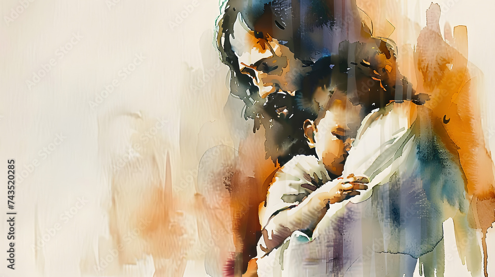 Watercolor illustration of Jesus Christ holding a child in his arms ...
