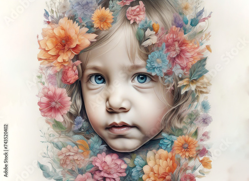 Portrait of a blonde child girl, dreamy facial expression. A girl against a background of flowers in soothing colors.