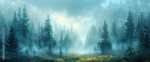 Misty morning in the forest. Created with Ai