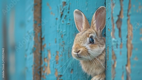 Easter bunny peeps out of the blue wall