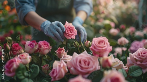 Florist trimming fresh roses, meticulous care, passion for beauty
