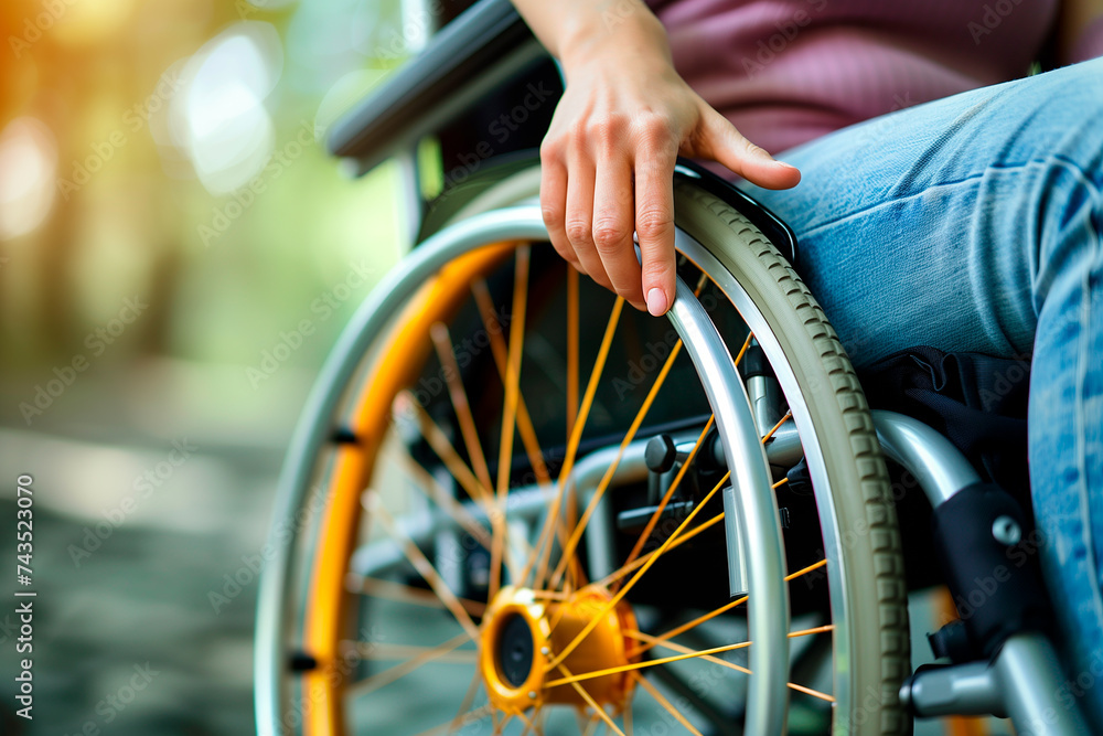 Close-up detail of a woman's hand behind the wheel of a wheelchair. Rehabilitation and medicine