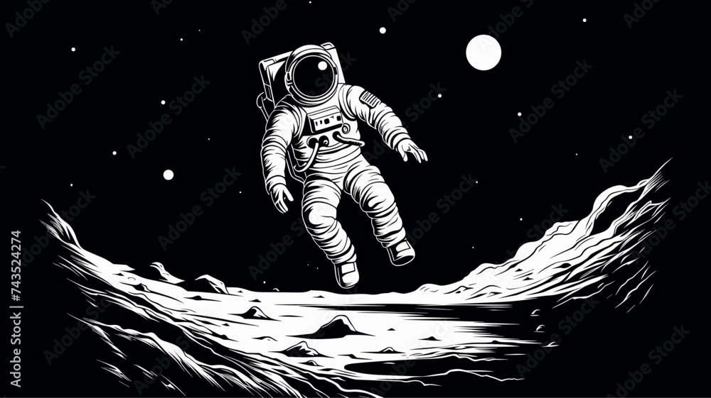 Abstract astronaut floating above the moon surface during landing. simple Vector art - obrazy, fototapety, plakaty 