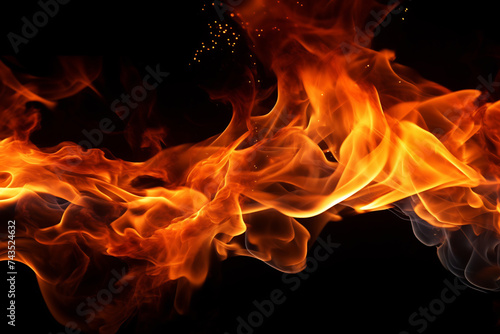 Vivid Fiery Flames on Dark Background, Burning Fire on a Black Background. The Intensity and Power of Fire