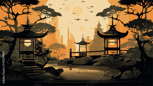 Abstract traditional garden setting with bonsai trees and lanterns. simple Vector art