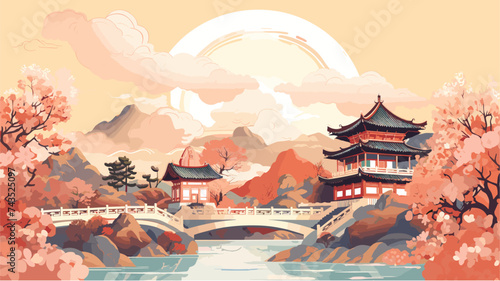 Abstract rural landscape with traditional Chinese architecture and festivities. simple Vector art