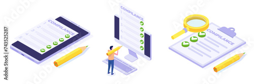 Regulation Compliance, list of rules law concepts set. Isometric Vector Illustrations collection.