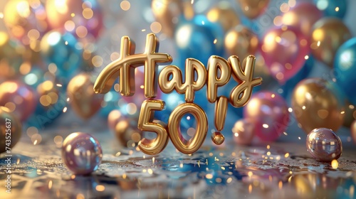 Celebrating 50, happy text in festive font, marking a joyful milestone, perfect for birthday invitations, anniversary announcements, or celebratory designs with a cheerful and vibrant theme photo