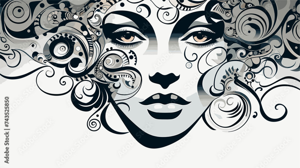 Face adorned with intricate line work and swirling patterns. simple Vector art