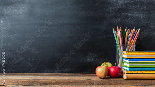 Stack of books with pencils and two apples on the table with school board backdrop. Education or Back to school concept.Back to school background with books and apples over blackboard.