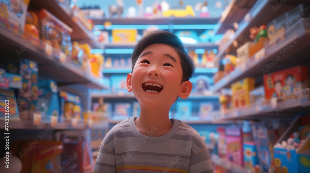 Child in awe at a toy store. A digital image capturing the wonder of a young boy as he gazes at colorful toys lining the shelves around him. Child in awe at a toy store. A digital image capturing the wonder of a young boy as he gazes at colorful toys lining the shelves around him.
