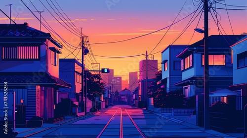 Dawn breaks over a Japanese city street. This digital illustration depicts a deserted urban road flanked by traditional and modern houses under a sky transitioning from night to day. photo