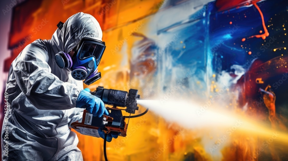 AI technology of E-coat painting in room applying spray painting or power coating, robot arm, painting and coating in motion, Ai technology of painting concept background, AI generated