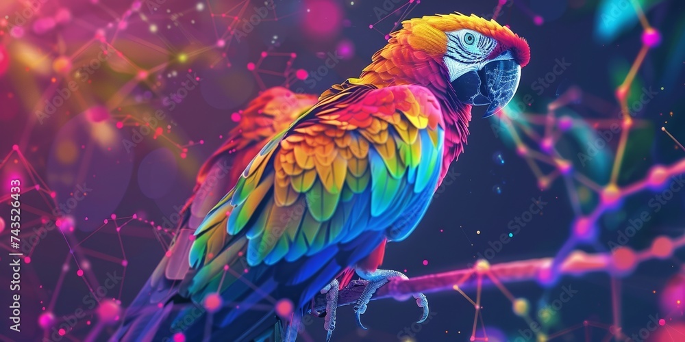 Parrot delivering messages in a blockchain network elves and Yakuza allies - obrazy, fototapety, plakaty 