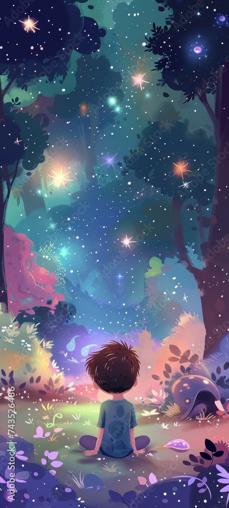Peaceful cartoon park in fairy tale time young boy star gazing mystical creatures sharing the moment