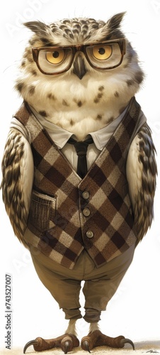 A wise owl wearing glasses and a tweed vest photo