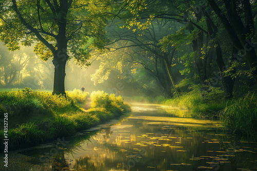 Realistic photo landscape of green tree forest and creek 