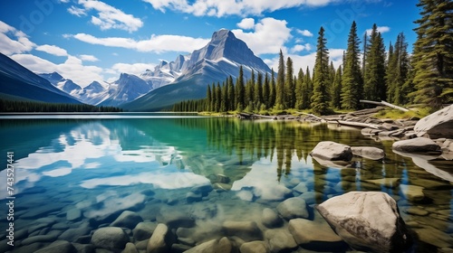 A captivating image of a serene lake in Alberta, Canada, unfolds, surrounded by the breathtaking beauty of nature. 