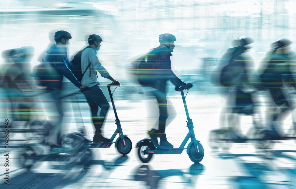 Obraz premium A conceptual image of people using electric scooters and bikes promoting clean transport systems and reduced energy use