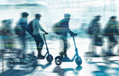 A conceptual image of people using electric scooters and bikes promoting clean transport systems and reduced energy use