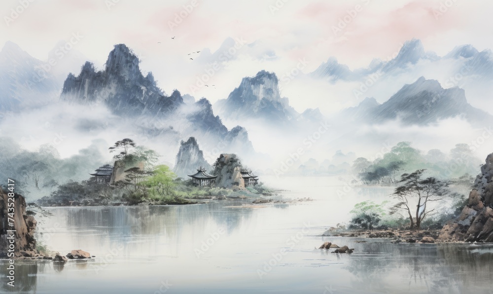 Mystical Serenity: A Painting of a Mountain Lake Enveloped in Fog