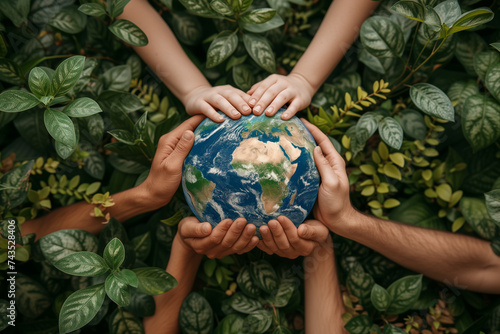 Multiple hands of diverse people come together to tenderly cradle a globe surrounded by lush green foliage, symbolizing unity, environmental care, and our collective responsibility towards Earth. photo