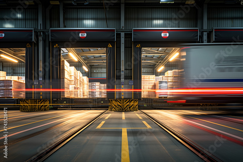 The interior of a bustling warehouse is captured in a moment of dynamic motion as a truck blurs past stacks of neatly organized pallets.
