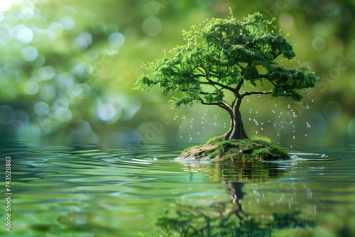 Small tree in the pond. Water splash in the forest. Water is the source of life. A slide background for showcasing the importance of water. Background image. Created with Generative AI technology.