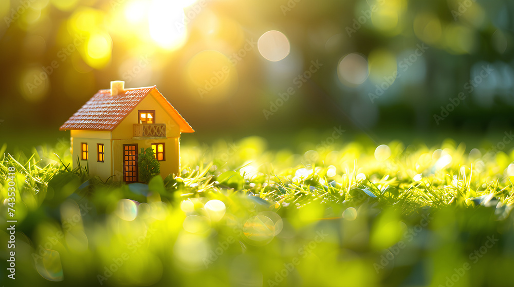 Small-sized home model placed on the grass field. Small-sized home model placed on the grass field.