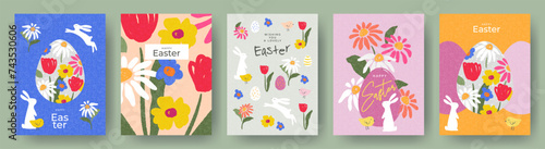 Happy Easter Set of cute greeting cards, posters, holiday covers or banners. Trendy design with typography, hand painted flowers, plants, dots, eggs, Easter bunny and chick. Modern art style templates