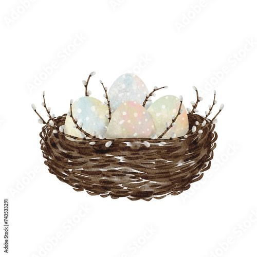 Watercolor Easter nest with eggs photo
