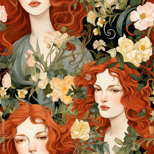 Seamless Pattern. A sensuous portrait of a woman with vivid red hair, surrounded by flowers and symbols, reflecting the poetic and romantic style of Dante Gabriel Rossetti photo