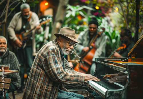 Elderly Jazz Pianist Leading Band in Garden Venue.