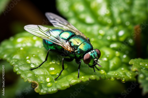 Macro Photography of a Green Bottle Fly on a Leaf, Insect Life and Natural Detail