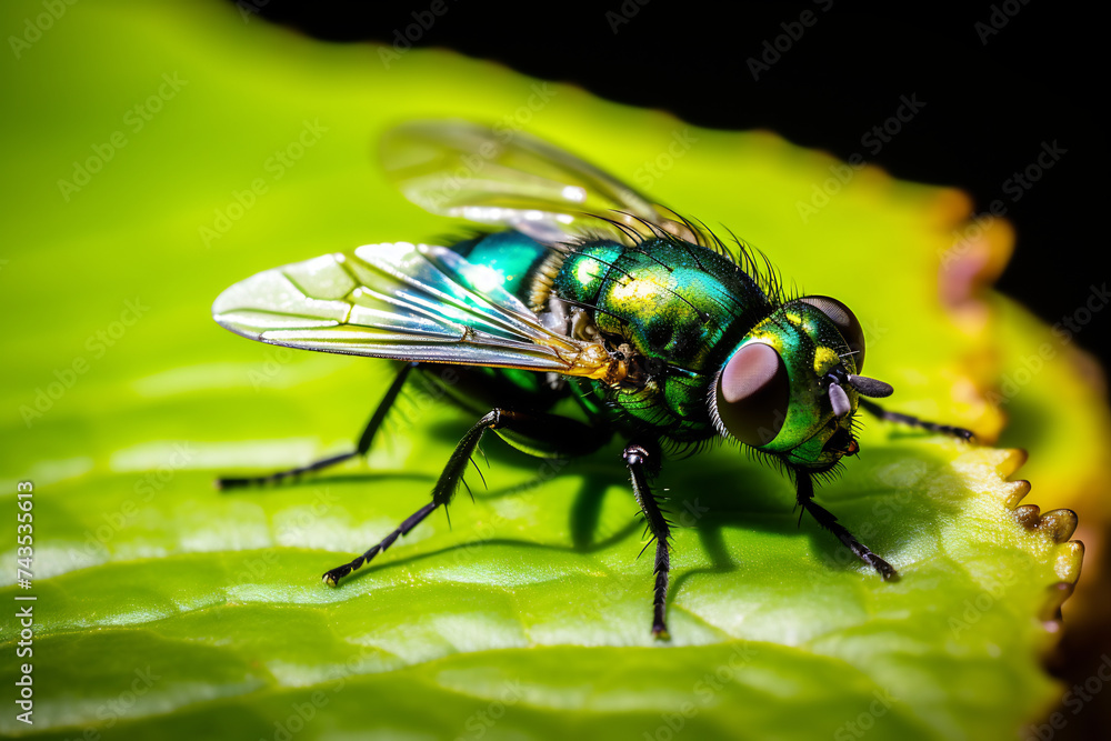Macro Photography of a Green Bottle Fly on a Leaf, Insect Life and Natural Detail Macro Photography of a Green Bottle Fly on a Leaf, Insect Life and Natural Detail