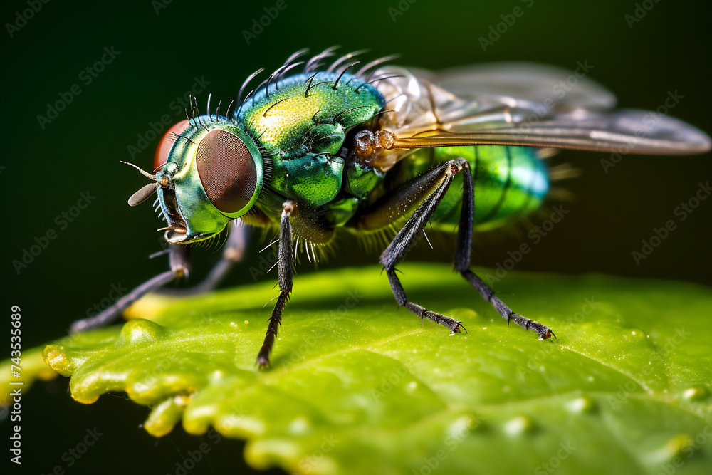 Macro Photography of a Green Bottle Fly on a Leaf, Insect Life and Natural Detail Macro Photography of a Green Bottle Fly on a Leaf, Insect Life and Natural Detail