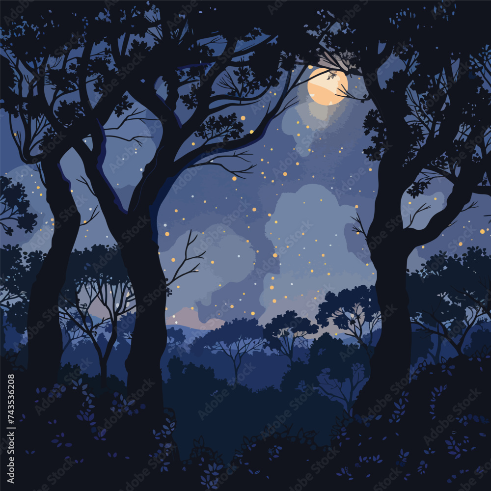 Illustration of a night view of a forest.