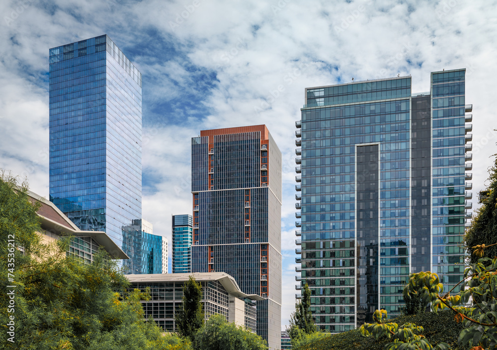 View of a downtown skyscrapers with trees in a park in the SOMA neighborhood in San Francisco, California View of a downtown skyscrapers with trees in a park in the SOMA neighborhood in San Francisco, California