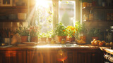 A cozy kitchen bathed in warm sunlight with plants on the windowsill and fresh produce on the counter.