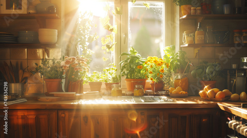 A cozy kitchen bathed in warm sunlight with plants on the windowsill and fresh produce on the counter.
