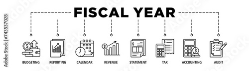 Fiscal year banner web icon set vector illustration concept with icon of budgeting, reporting, calendar, revenue, statement, tax, accounting, audit