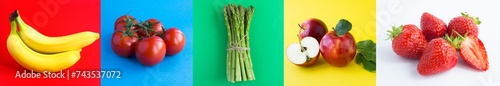 Collage of fruit, berry and vegetable on the colored background. Close-up.