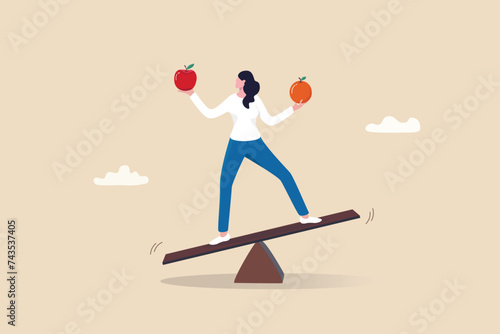 Comparison, decision to choose alternative choices, doubt or thoughtful compare good and bad things for best result, options concept, business woman compare orange and apple while balance on seesaw.