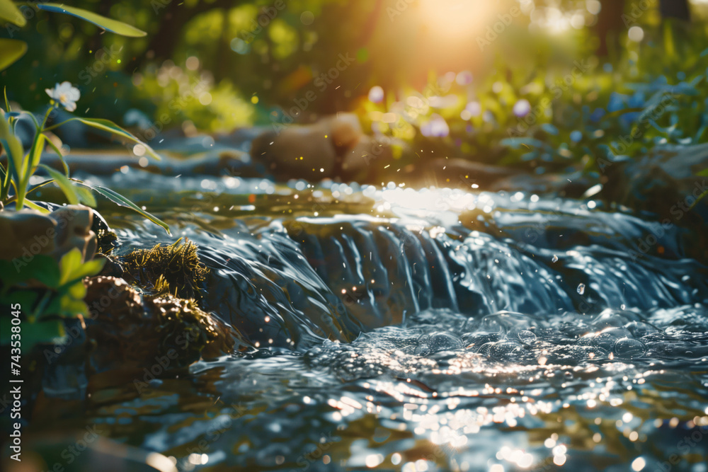 Fototapeta premium Waterfall in the forest. Water is the source of life. A slide background for showcasing the importance of water. Background image. Created with Generative AI technology.