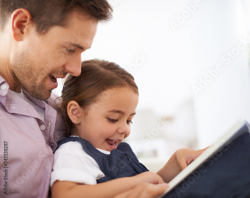 Father, child with book for reading and fairytale, happy with bonding at home and knowledge for education. Man, young girl and storytelling for fantasy and learn with love and care together in lounge